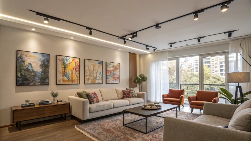 A modern living room with track lighting and contemporary furniture