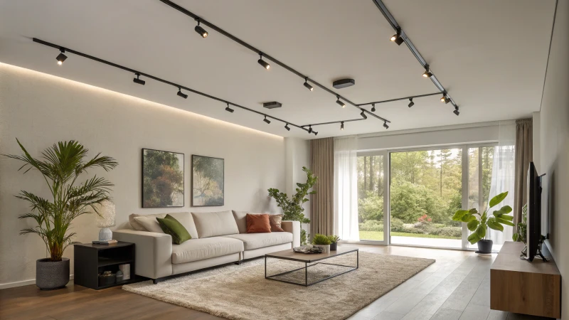 A modern living room with track lighting and minimalist furniture.