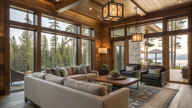 Modern living room illuminated with stylish outdoor lights