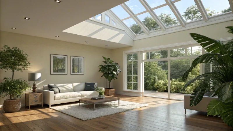 Bright modern living room with skylight and minimalist decor