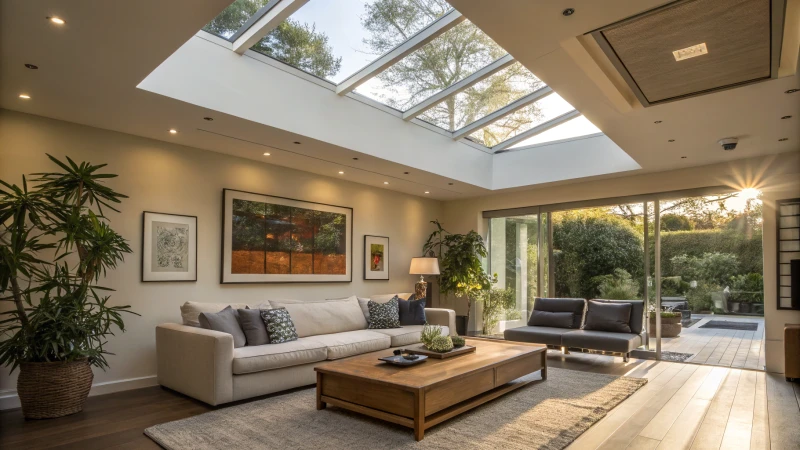 A bright modern living room with skylights and stylish furniture