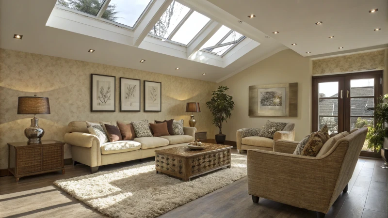 A modern living room with artificial skylights and stylish furniture