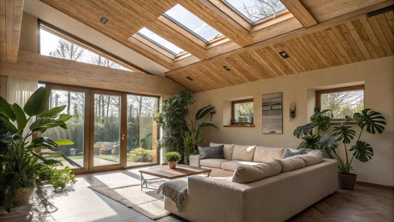 A bright modern living room with large skylights and a plush sectional sofa