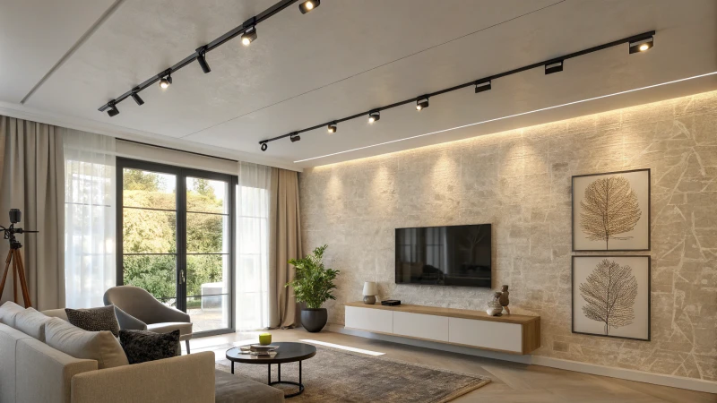 Modern living room with track lighting and large windows
