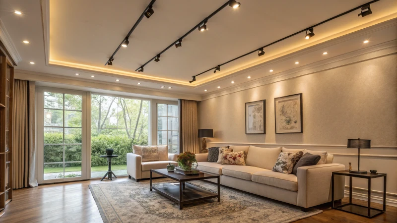 A modern living room with track lights and minimalistic furniture.