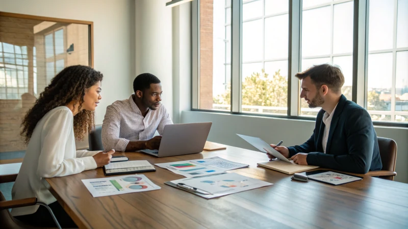 A modern conference room with three professionals discussing around a table.
