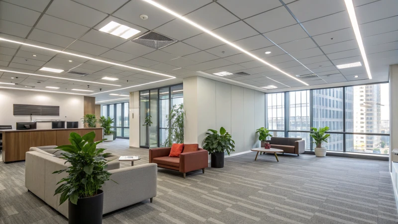 A modern office space with fluorescent lighting and plants