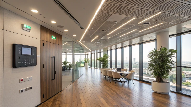 Modern office interior with natural light and LED fixtures