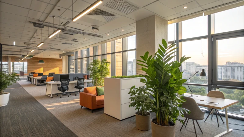 A modern office interior with large windows and ergonomic furniture