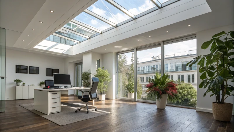 A modern office with a large artificial skylight and minimalist furniture