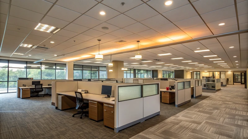 A spacious modern office interior with various lighting solutions