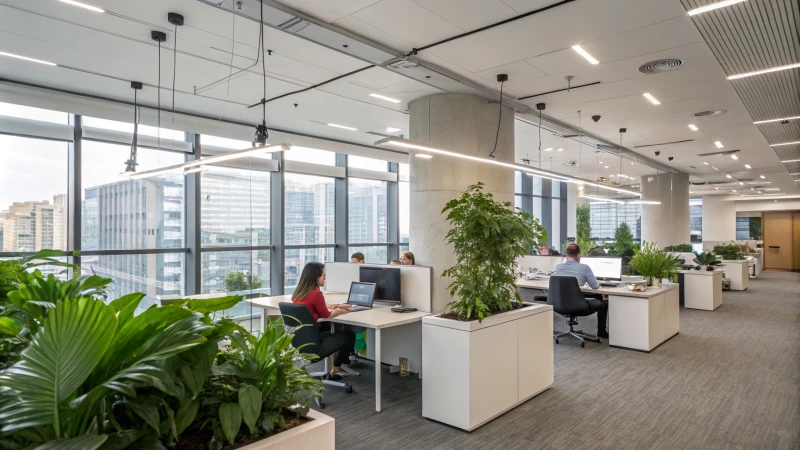 Modern office space with smart lighting and collaborative workstations.