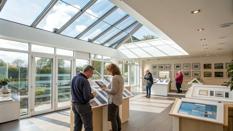 Interior of a modern skylight showroom with large windows and customers