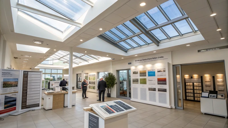 A bright and modern skylight showroom with various designs