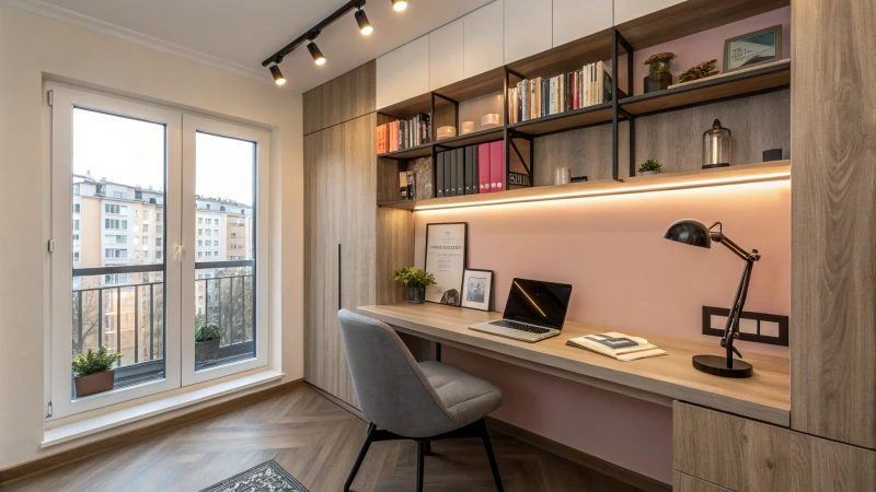 A modern study room with a sleek desk and laptop