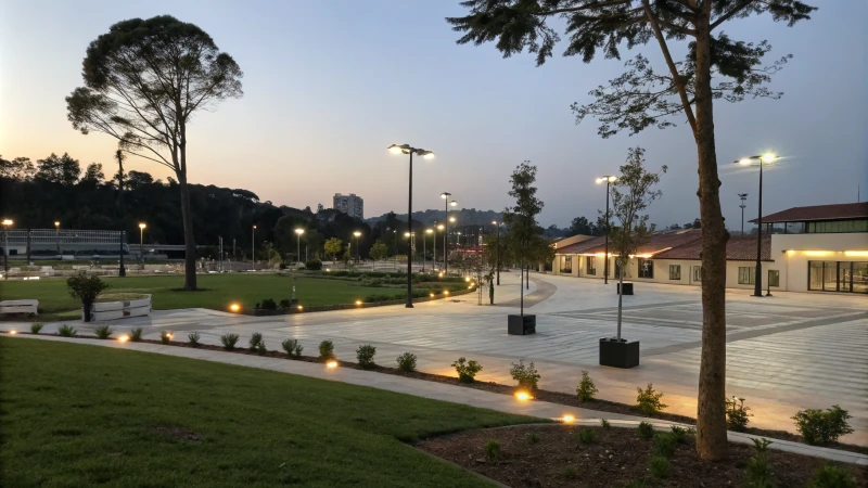 A dusk outdoor area illuminated by LED floodlights and ambient lighting.