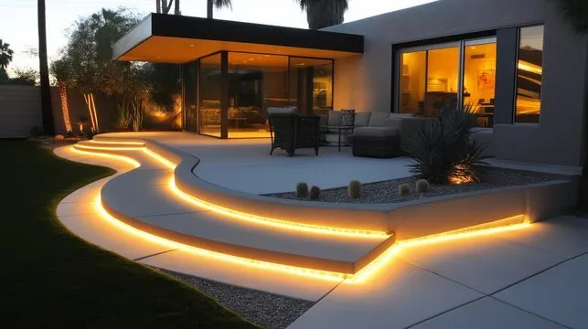 Modern patio with illuminated curved pathway.