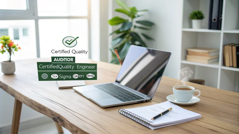 A modern professional workspace with a laptop and certification icons.