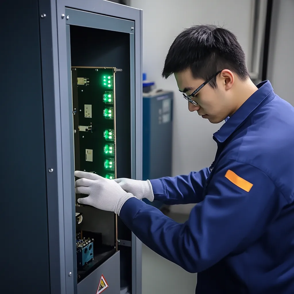 Technician inspecting electrical panel with green lights