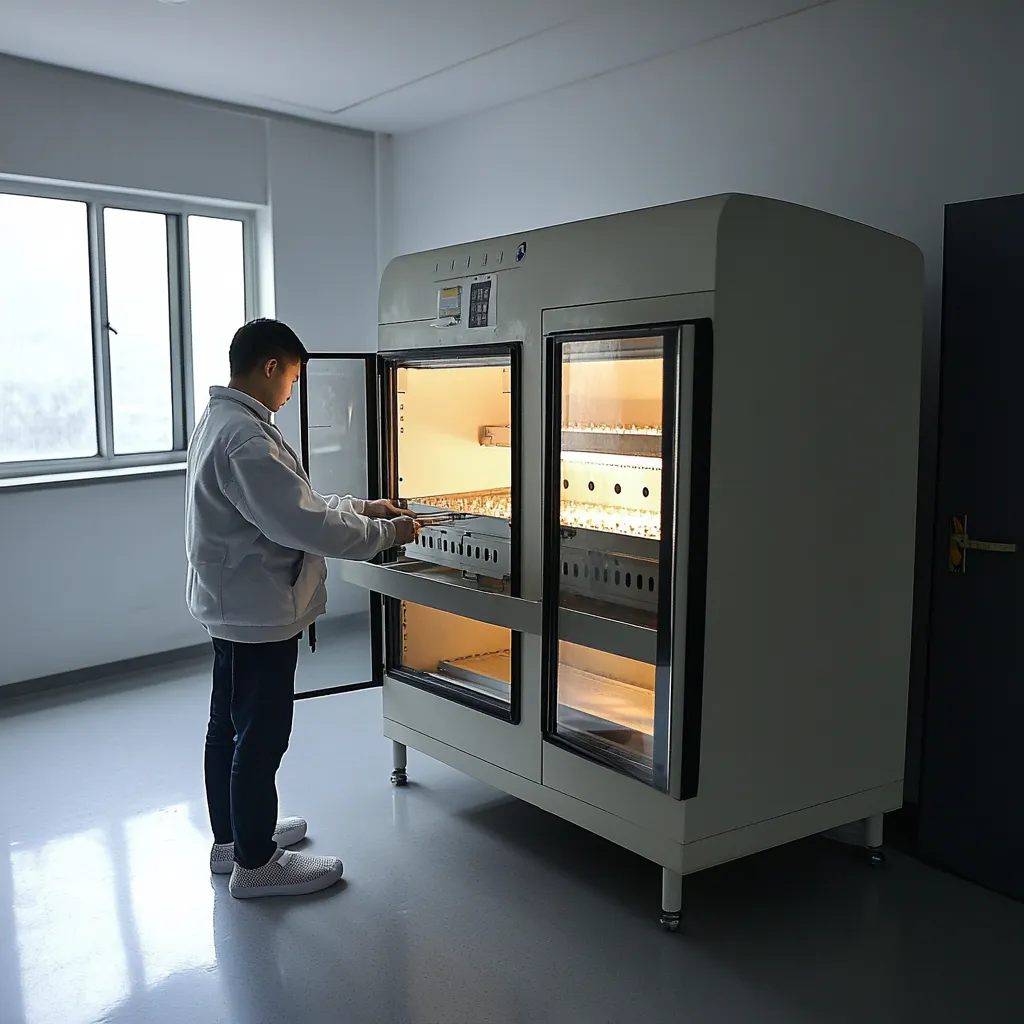 Person operating large laboratory incubator in sterile room.