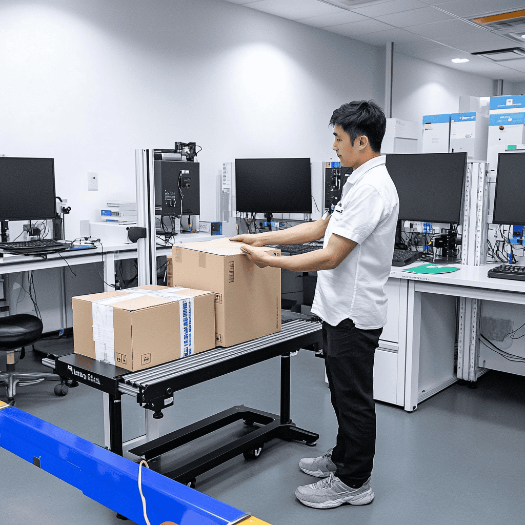 Man handling boxes in tech lab setting.