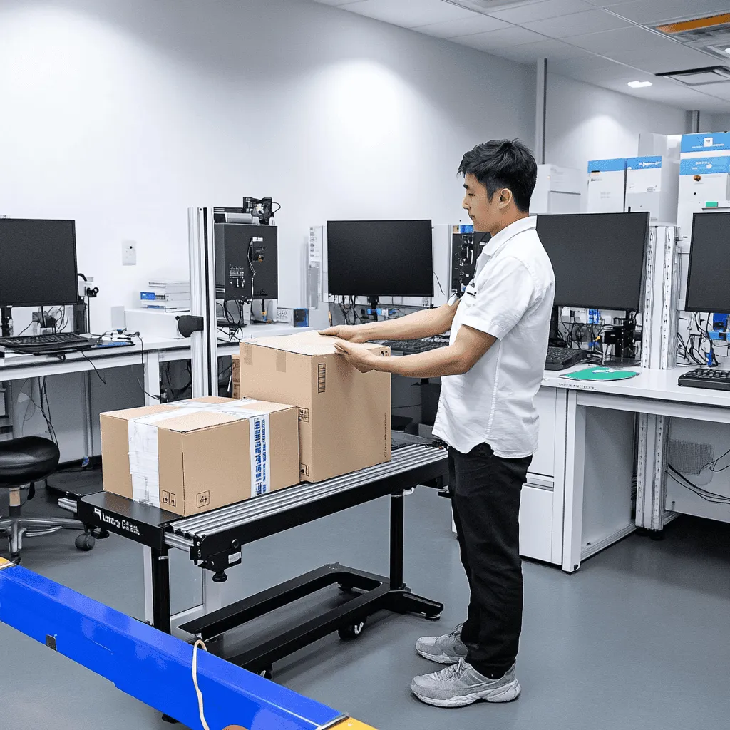 Man handling boxes in tech lab setting.