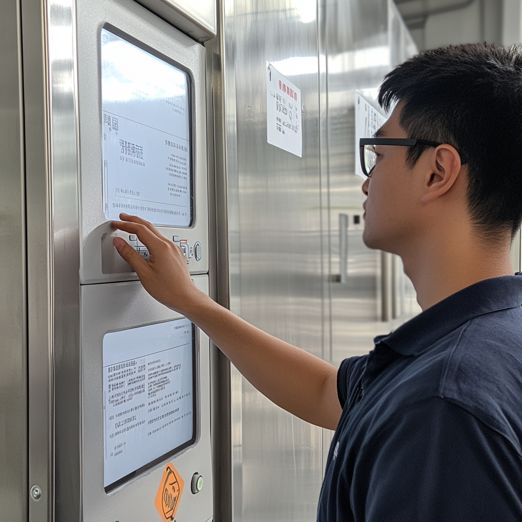 Person using laboratory equipment touchscreen interface.