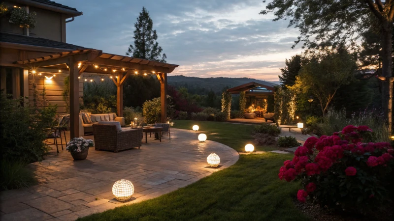 A serene outdoor setting at dusk with a patio, driveway, and garden