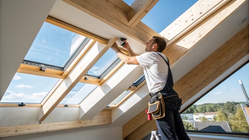 A tradesperson installing a skylight in a contemporary home interior.
