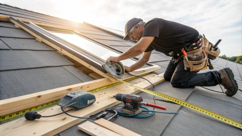 A carpenter working on a skylight installation on a residential roof.