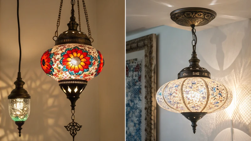 A split image showing ornate colorful lights on one side and sleek modern fixtures on the other.
