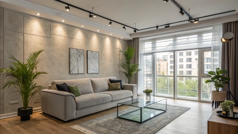 A modern living room with track lighting and contemporary furniture