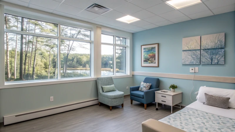 A serene healthcare room with soft blue walls and natural light