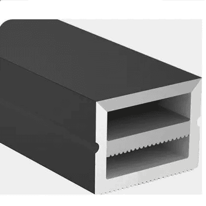 Rectangular aluminum extrusion profile with grooved sections.