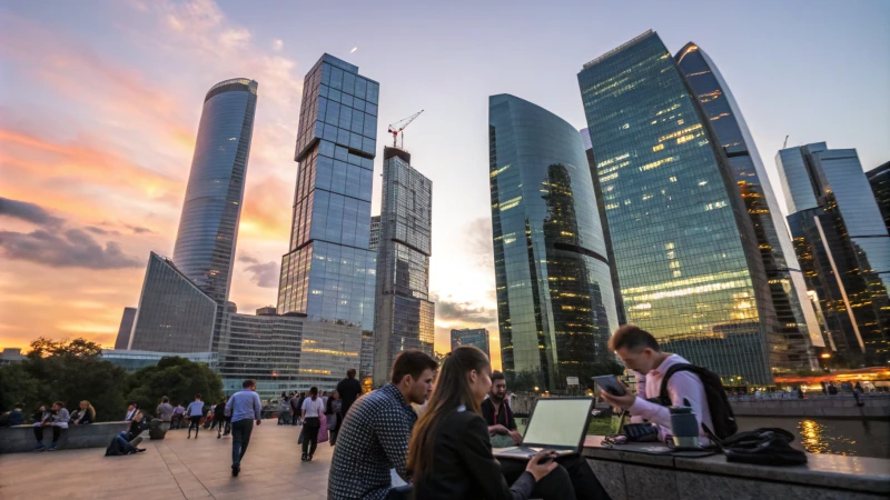 A bustling urban landscape with skyscrapers at sunset.