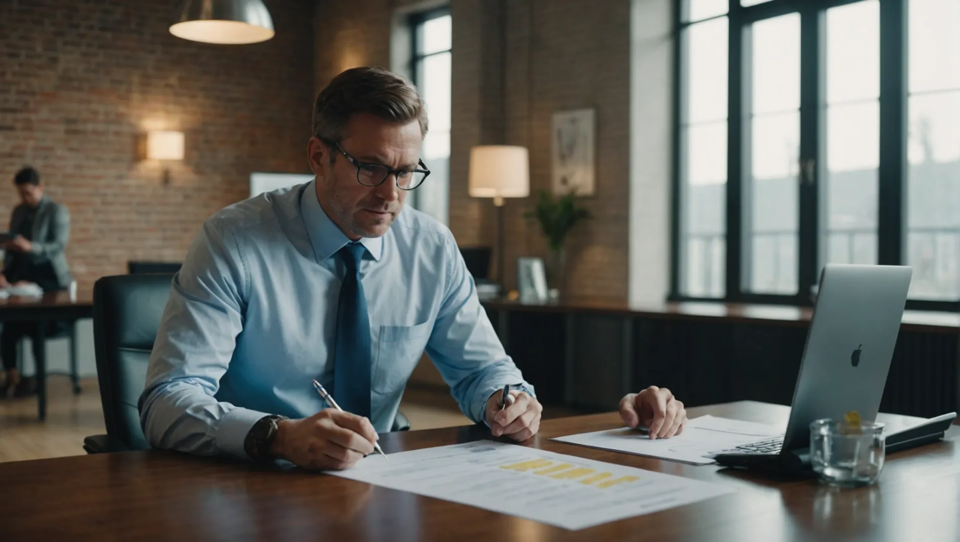 Businessman examining LED light bulb samples in an office setting.
