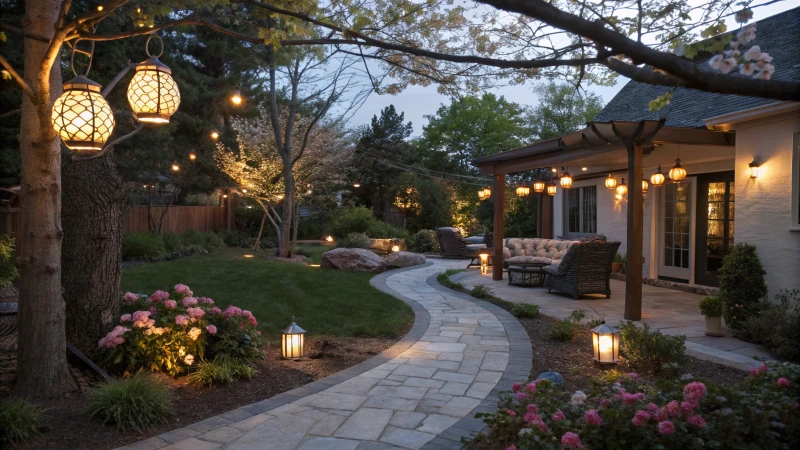 Cozy outdoor space at dusk with soft lighting