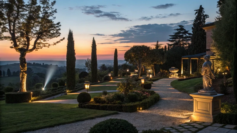 An outdoor garden at dusk with diverse lighting fixtures illuminating trees and pathways.
