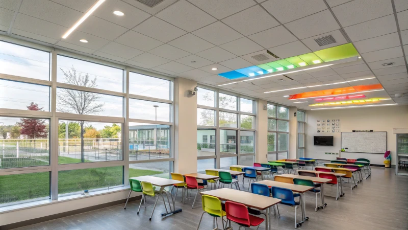 Modern classroom with innovative lighting and colorful furniture