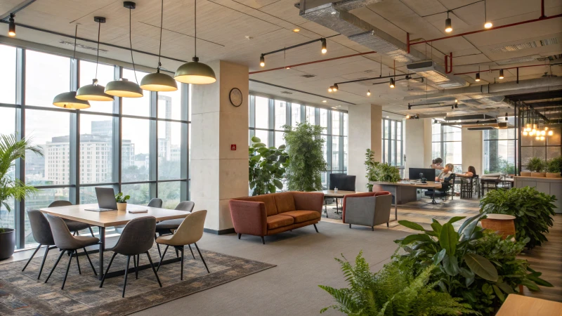 Bright modern office with adjustable lighting and greenery