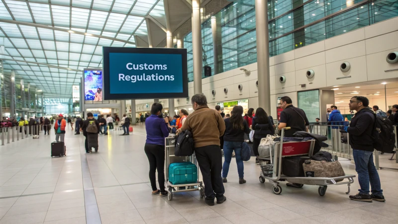 Diverse travelers at an airport viewing customs regulations on a digital screen.