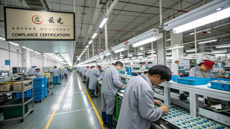 Workers inspecting products on an assembly line in a manufacturing plant.