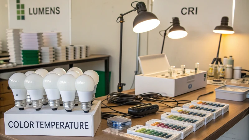 A clean workspace with various lighting equipment and labeled terms.