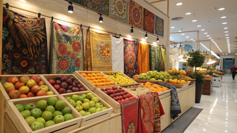 A vibrant display of colorful fruits, fabrics, and paintings under artificial lights.