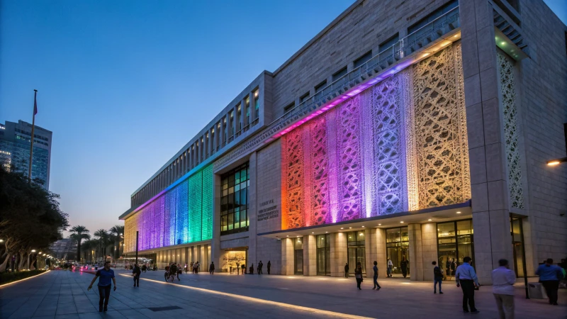 A modern building illuminated by colorful LED lights at dusk