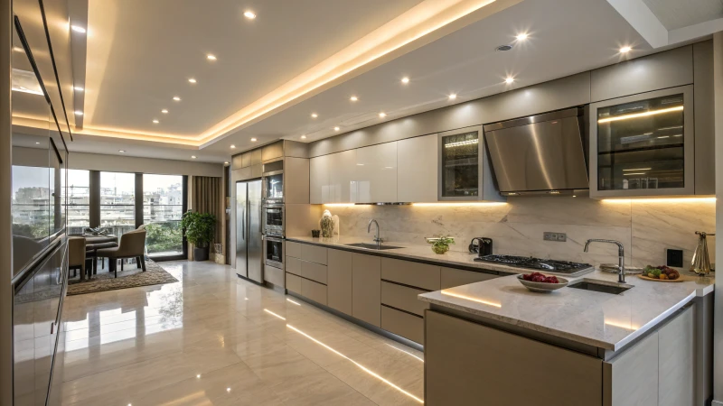 Modern kitchen with recessed LED lights and stainless steel appliances
