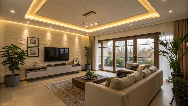 Contemporary living room with LED lighting and plants