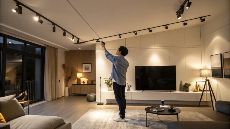 A person adjusting lighting in a modern living room