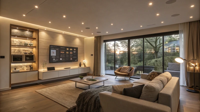 A modern living room with LED lighting and a large window