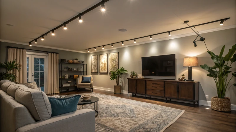 A modern living room with LED lights highlighting decor